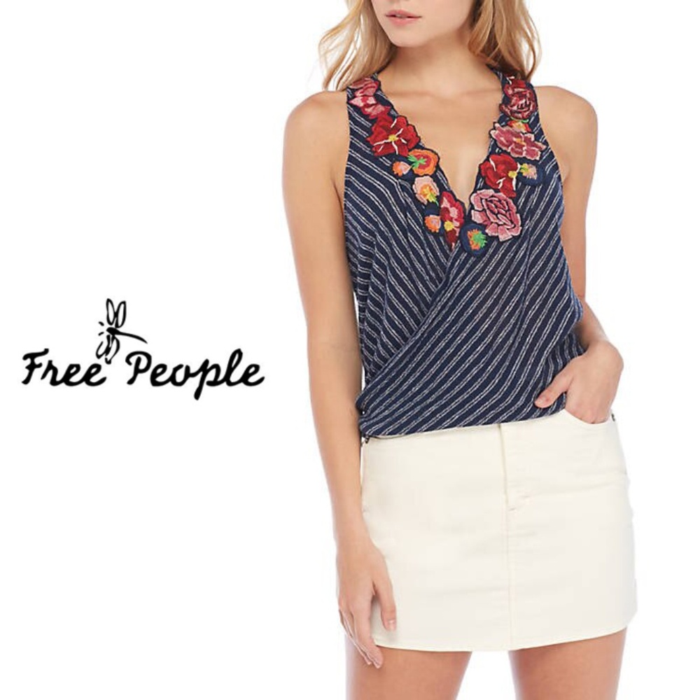Free People Navy Striped Tank with Red Floral Embroidery